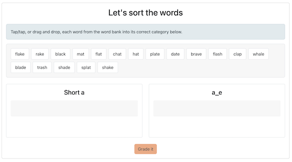 Screenshot of Online Sorts tool in progress