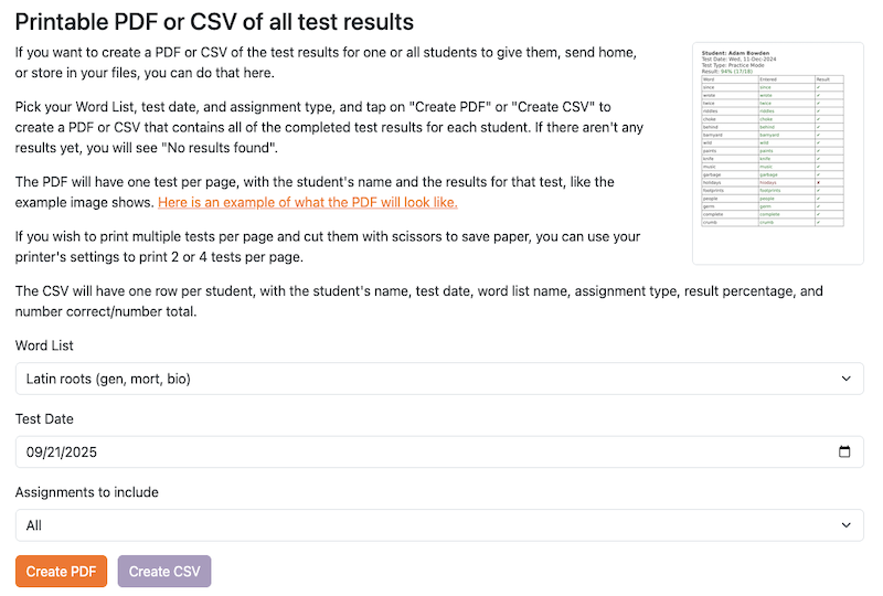Create a printable PDF or CSV of all test results