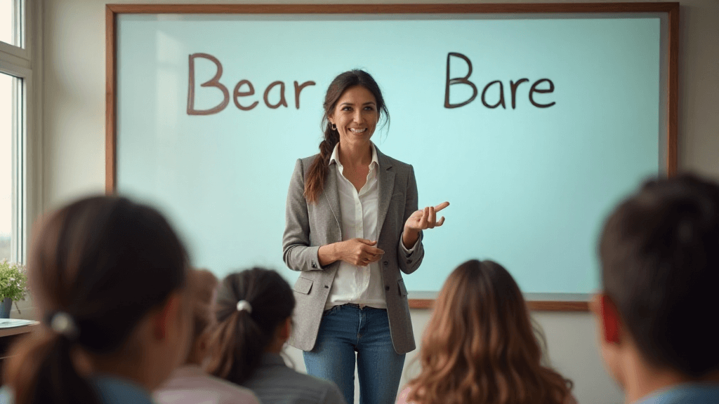 Teacher teaching homonyms, homophones, and homographs to class