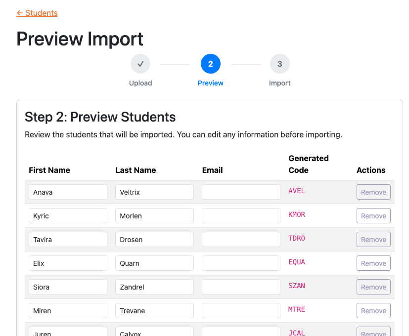 Preview and Edit students that will be imported