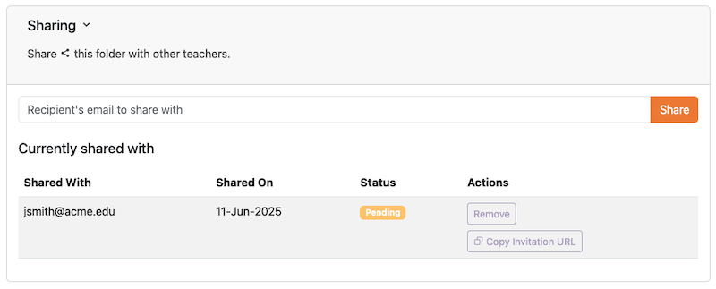 The sharing table shows who has access to the Folder or Word List