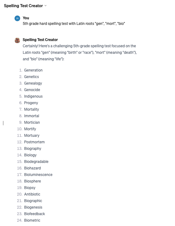 Spelling Test Creator GPT - 24 words for 5th grade hard with specific latin roots