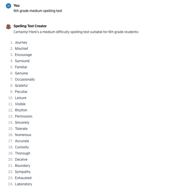 Spelling Test Creator GPT - 24 words for 6th grade, medium, for spelling test