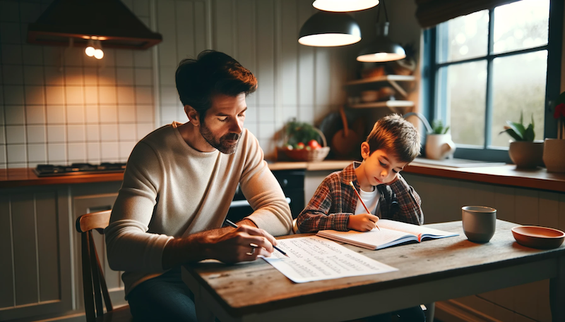 Parent giving child a spelling test at the dinner table