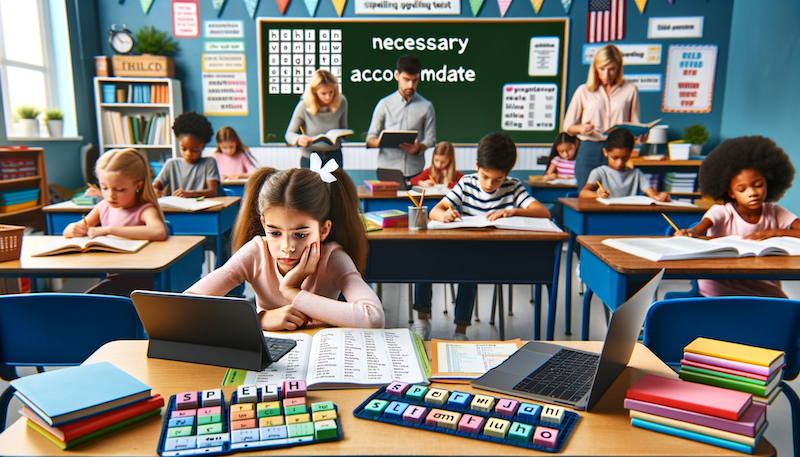 A classroom full of kids and teachers, working on spelling with various tools like Spelling Test Buddy