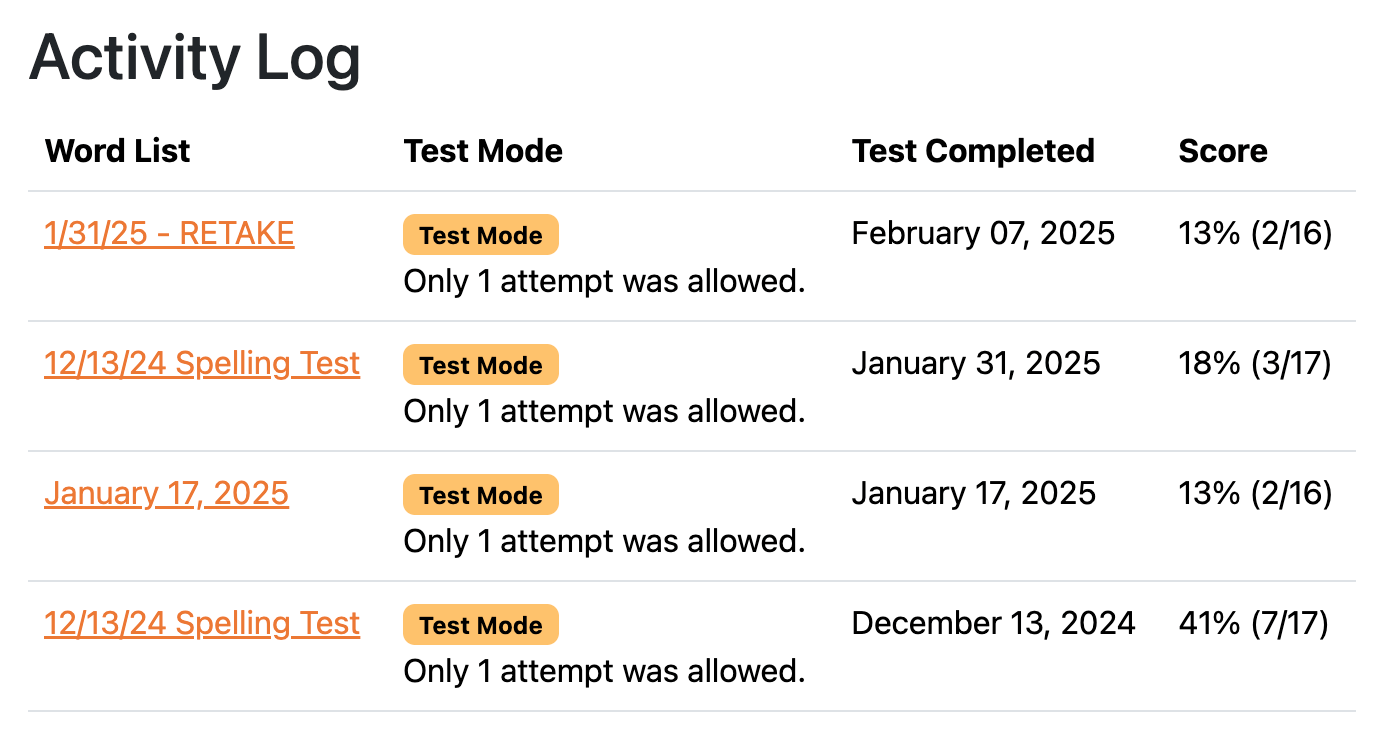 Student activity log