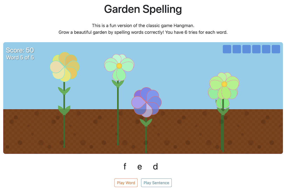 Garden Spelling game - grow a garden by spelling words correctly