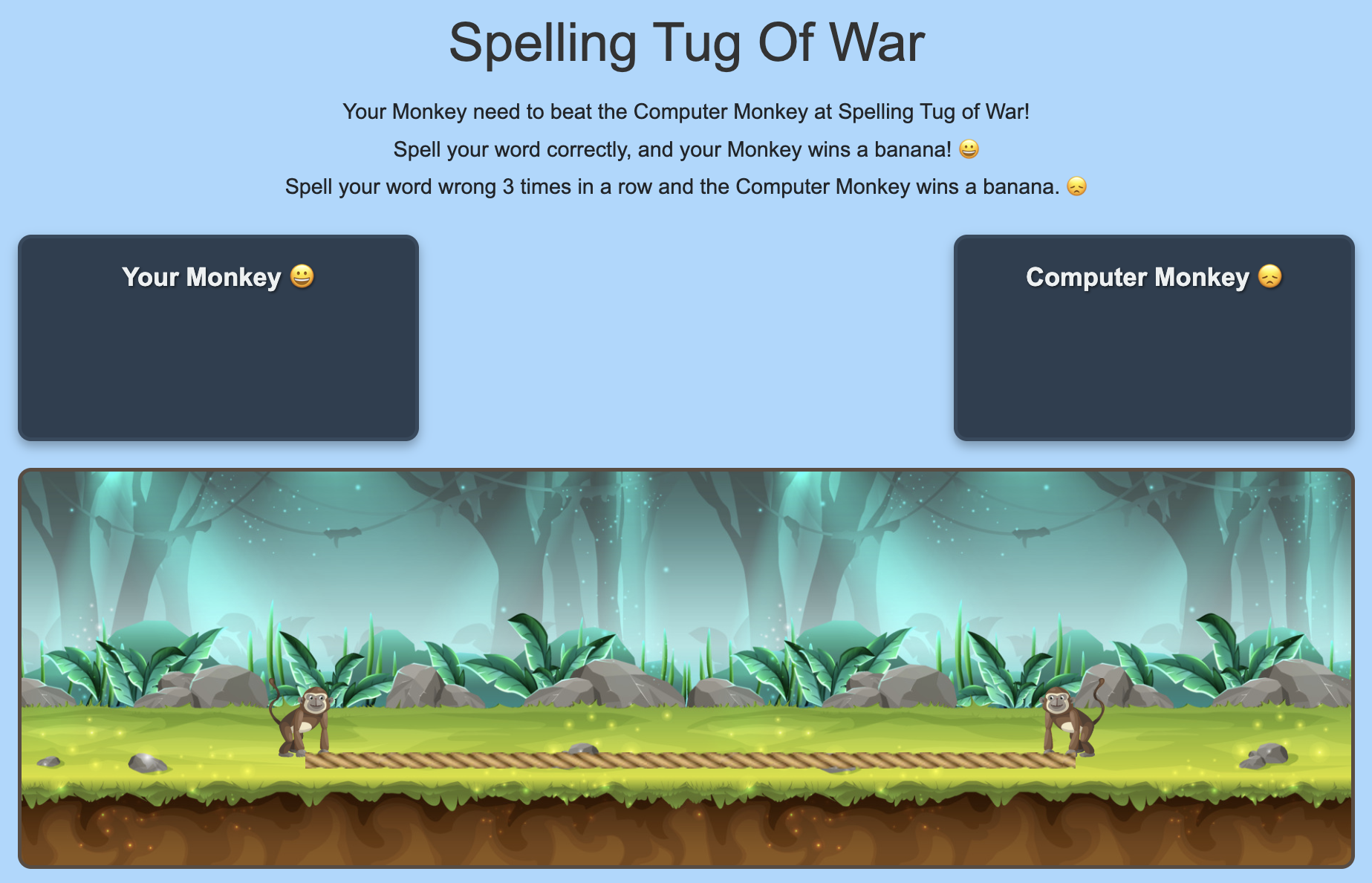 Monkey Tug Of War spelling game - compete against the computer