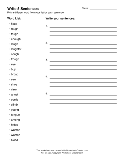 Write 5 Sentences for 5 Words