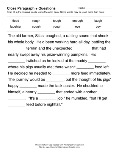 Cloze Worksheet with Comprehension Questions