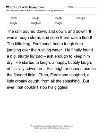 Word Hunt for up to 7 words with Comprehension Questions