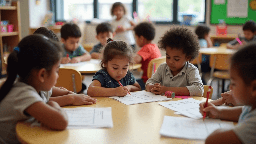 Kindergarten students working on their sight words and their spelling words